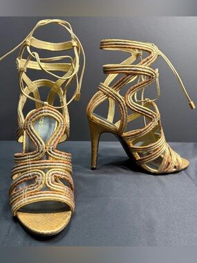BCBG High Heel Strappy Ankle Tie Gold Copper Silver White Yellow Rose Cage Sexy